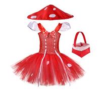 Niceyoeuk - Costume da fungo di Halloween per ragazze di lusso con maniche a sbuffo e fiocco frontale in tulle per cestino, set di cappello per festa cosplay (rosso, 11-12T)