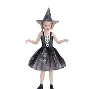 Niceyoeuk Costume da strega di Halloween, per ragazza, motivo ragnatela, in tulle, con vestito a canottiera, cappello e scopa, set per cosplay (grigio scuro, 7-8 anni)