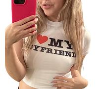 Niceyoeuk Mini crop top da donna a maniche corte con stampa I Love My Boyfriend t-shirt aderente per San Valentino, bianco, M