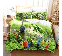 NICHIYOBI Pikmin, set di biancheria da letto con copripiumino e federa, in microfibra, stampa digitale 3D, 3 pezzi (4,Singolo 135 x 200 cm + 80 x 80 cm)