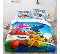 NICHIYOBI Super Wings, set di biancheria da letto composto da copripiumino e federe, in microfibra, stampa digitale 3D, 3 pezzi (15, singolo 135 x 200 cm + 80 x 80 cm)