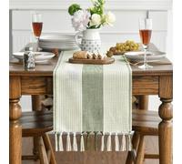 NICKLIN Runner Verde Salvia 33 x 183 cm Runner da Tavolo Moderno Boho Verde Salvia Cotone Lino Rustico Macramè Nappa Cucina Tavolo da Pranzo Decorazione per Mangiare,Feste
