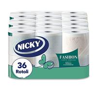 Nicky Fashion Carta Igienica a 4 veli | Confezione da 36 Maxi Rotoli | 165 strappi | Decorata Resistente e Morbida sulla pelle| Delicatamente profumata al talco | Prodotta in Italia