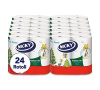 Nicky Happy Life Christmas- Carta a 2 Veli Cucina Natalizia, 24 Rotoli Asciugatutto da 100 Strappi, Apertura Facilitata, 4 decori natalizi diversi, Resistente ed Assorbente, Carta FSC