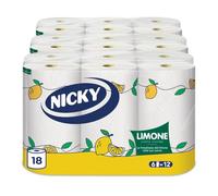 Nicky Limone Carta Cucina - 18 Rotoli da 100 Fogli Assorbenti a 2 Veli, Spessa e Resistente, Fresco Profumo di Limone, Carta 100% Certificata FSC