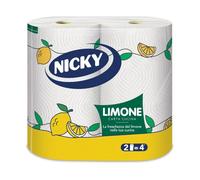 Nicky Limone Carta Cucina - 2 Rotoli da 100 Fogli Assorbenti a 2 Veli, Spessa e Resistente, Fresco Profumo di Limone, Carta 100% Certificata FSC