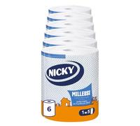 Nicky Milleusi Forte - 6 Rotoli di Carta Multiuso, 250 Resistenti Fogli a 3 Veli, Per le Pulizie Più Difficili, Lunghezza Extra e Infinita Versatilità, Carta 100% Certificata FSC