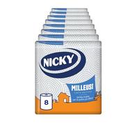 Nicky Milleusi Forte - 8 Rotoli di Carta Multiuso, 180 Resistenti Fogli a 3 Veli, Per le Pulizie Più Difficili, Lunghezza Extra e Infinita Versatilità, Carta 100% Certificata FSC