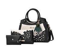 NICOLE & DORIS 3 Pezzi Borse Set da Donna Borsa a Mano in Pelle PU+Portafoglio +Pacchetto di Carte Borsa a Tracolla con Cerniera Borsa a Spalla Nero