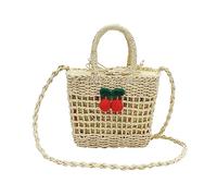 NICOLE & DORIS Borsa a Tracolla da Spiaggia Borsa a Secchiello in Rattan Piccola Borsa Estiva Donna Borsa Mare Paglia Borsa con Manico e Tracolla per le Vacanze Beige+Ciliegia