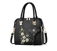 NICOLE & DORIS Borsa Donna Elegante Piccola Borse a Mano Fiori Borsa a Spalla Pelle PU Borsa a Tracolla Ricamo Borsa Delle Signore Quadrata Nero