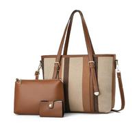 NICOLE & DORIS Borsa Grande Donna Borse a Mano Grandi 3 Pezzi Set Borsetta Tracolla PU Pelle Borsa Tote Versatile Borsa a Righe Borsa Shopper da Lavoro Marrone