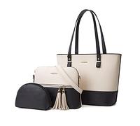 NICOLE & DORIS Borse da Donna Grandi Borse in PU Pelle Borsa a Tracolla Multicolore Spalla Borse Moda Casuale Borsa Tote Bag 3 Pezzi Set Bianco con Nero