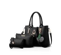 NICOLE&DORIS Borse da Donna Moda Borse a Tracolla Borse in PU Pelle Elegante Borse Donna Grandi Crossbody con Pompon Borse Totes 3 PCS Set Nero