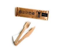 NICOLETTI 25 bis Posate MONOUSO FORCHETTA Coltello E TOVAGLIOLO INCARTATI SINGOLARMENTE in Legno Naturale 100% BIO