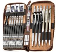 Nicpro 30 Pezzi Metallo Matite Meccaniche Set con Custodia in Pelle, Art Portamine 0,5, 0,7, 0,9 mm, 2mm con 16 Tubi (6B 4B 2B HB 2H 4H) Mina (Nero e Colori), Portamine per Disegno Scrittura Schizzi