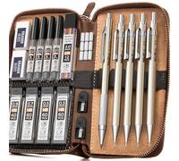 Nicpro 5 Pezzi Matite Meccaniche Set con Custodia in Pelle, Portamine 0,3 0,5, 0,7, 0,9, 2,0 mm con Mina (Nero e Colori), Gomma, Temperamatite, Art Portamine per Studenti Disegno Scrittura Schizzi