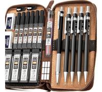 Nicpro 5 pezzi metallo matite meccaniche set in custodia in pelle, portamine da 0,3 0,5 0,7 0,9 e 2 mm, 6B 4B 2B HB 2H 4H ricariche per mine (nere, colorate), per disegno artistico e schizzi
