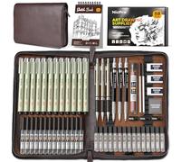 Nicpro 58 matite meccaniche set da disegno con custodia in pelle, set schizzi artistici con 6 matite in metallo 0,5, 0,7, 0,9, 2 mm, 12 micro penne, blocco da disegno, 30 ricariche di piombo in tubo