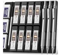 Nicpro Matite a pressione in metallo, 0,9 mm, con astuccio, 3 penne da disegno da 0,9 mm, 6 mine HB e 3 gomme da cancellare, schizzi, scrivere, disegnare