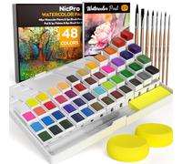 Nicpro Set di 48 colori ad acquerello, colori vivaci con 25 fogli di carta A5, 2 pennelli per acqua, 8 pennelli per pittura e tavolozza, pittura a gouche, con confezione regalo