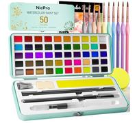 Nicpro Set di pittura ad acquerello, 50 colori, con vernice metallica e fluorescente, 8 pennelli macaron, carta acquerello, tavolozza, per artisti, adulti e debito