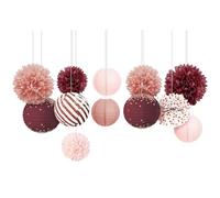 NICROLANDEE Decorazioni per feste color rosso bordeaux, 12 lanterne di carta da appendere e pompon in seta, decorazione per addii al celibato color bordeaux, compleanni, anniversari di matrimonio, San