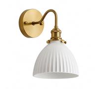 NICRX Applique Ceramica Bianca 17 cm E27 Lampada da Parete Vintage Oro (C) | Paralume a campana rigato, lega di rame, installazione cablata per camera, corridoio e soggiorno