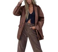 nicticsi Blazer da Donna in Finta Pelle Tinta Unita Giubbotto di Transizione a Maniche Lunghe con Bottoni e Risvolto Moda Giacca da Motociclista Stile Vintage A Marrone L