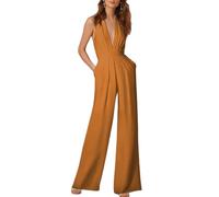 nicticsi Hang Neck Tuta Scollo a V Sexy Tinta Unita Tuta con Pantaloni Lungo Vestito Abito Cerimonia da Donna Elegante Casual Party B-Giallo Arancio XS