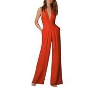 nicticsi Hang Neck Tuta Scollo a V Sexy Tinta Unita Tuta con Pantaloni Lungo Vestito Abito Cerimonia da Donna Elegante Casual Party B-Arancia XS