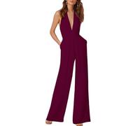 nicticsi Hang Neck Tuta Scollo a V Sexy Tinta Unita Tuta con Pantaloni Lungo Vestito Abito Cerimonia da Donna Elegante Casual Party B-Vino Rosso L