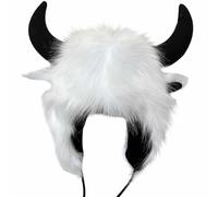 Nidddiv Berretto da pilota, con corna, paraorecchie pelose, cappello invernale, bufalo, soffice copriorecchie, berretto per adulti, bianco, Taglia unica