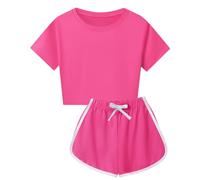 Nidddiv Maglione Manica Corta Pantaloncini Set Tinta Unita 8 Colore Casual Tuta Sportiva Ciclismo Gioca Sport Tuta, rosa intenso, 5-6 Jahre
