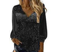 Nidddiv Top da donna con brillantini, elegante con paillette, camicetta da donna, per feste, feste, da donna, a maniche lunghe, casual, con maniche a sbuffo, taglie grandi, per Capodanno, Nero3., M