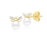 Nido D'Ape Ispirato Perla E Diamante Ape Bottone Orecchini IN 9ct Oro Giallo