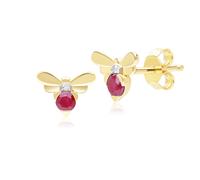 Nido D'Ape Ispirato Rubino e Diamanti Ape Bottone Orecchini IN 9ct Oro Giallo
