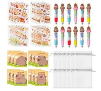 NIDONE Confezione da 12 bomboniere Capybara Set di cancelleria divertente Capybara con penna a sfera 4 in 1, foglietto adesivo, adesivo e borsa in organza per premi scolastici