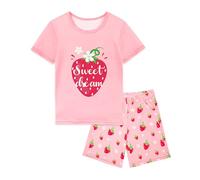 Nidoul Pigiama bambina a maniche corte, pigiama estivo da bambina, biancheria da notte, 2 pezzi, set lounge abbigliamento per bambini, 3T-10Y, Fragola rosa, 5-6 Jahre