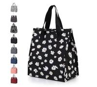 NIEBYI Borsa termica per il pranzo, unisex, grande, riutilizzabile, a prova di perdite, per ufficio, lavoro, spiaggia o viaggi (margherita nera)