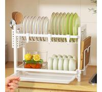 niffgaff Scolapiatti Bianco, 2 livelli, Scolapiatti con Supporto Per Utensili e Vaschetta Raccogligoccia, con Portatagliere