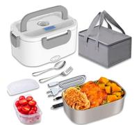 Nifogo Scaldavivande Elettrico 60W Lunch Box Elettrica 3 in 1 Contenitore Portavivande 1,5L l'ufficio, casa, Auto, Camion 12V 24V e 230V con Grigio Borsa isolante e Set di Posate（Bianco）
