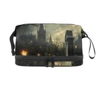 Night Halloween Town, trousse a doppio strato per donne e ragazze, borsa da viaggio per trucchi e trucchi, pratica borsa organizer con scomparto per pennelli, Multi, 27x15x14 cm/10.6x5.9x5.5 in,