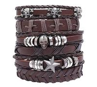 NIGHTCRUZ 6 braccialetti in pelle intrecciata, stile medievale, con teschio, 17,8-24,1 cm, in ecopelle, senza pietre preziose