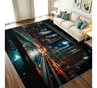 Nightscape - Tappeto fotografico lavabile, 140 x 200 cm, a pelo basso, per | Tappeto per la cameretta dei bambini, con luci di città e ponte, per camera da letto, corridoio e bagno, facile da pulire
