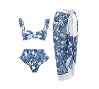 NihaoWXM Costume da Bagno con Gonna 3 Pieces Push Up Bikini High Waist Swimsuit & Skirt Sexy Ruffle Swimwear Women Bathing Swimming Swim Suit Female Beachwear(Blue,M)