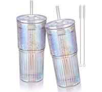 NiHome Bicchiere in vetro borosilicato iridescente con coperchio in vetro e cannuccia, 650 ml, confezione da 2, guarnizione in silicone a prova di perdite per preservare il sapore, igienico e lavabile