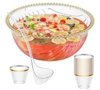 NiHome Ciotola in plastica con mestolo e pinza per feste, matrimoni, grigliate, 5,3 litri, con bordo dorato, trasparente, set completo per cocktail (1 confezione contiene 25 tazze)