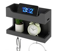 NiHome Organizer da parete in legno per comodino, doppio vassoio, mensola portaoggetti da parete con ganci magnetici, per camera da letto, dormitorio, supporto da parete per telefono, occhiali,
