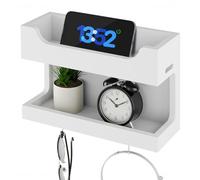 NiHome Organizer da parete in legno per comodino, doppio vassoio portaoggetti da parete con ganci magnetici, per camera da letto, dormitorio, porta cellulare, occhiali, sveglia, telecomando (bianco)